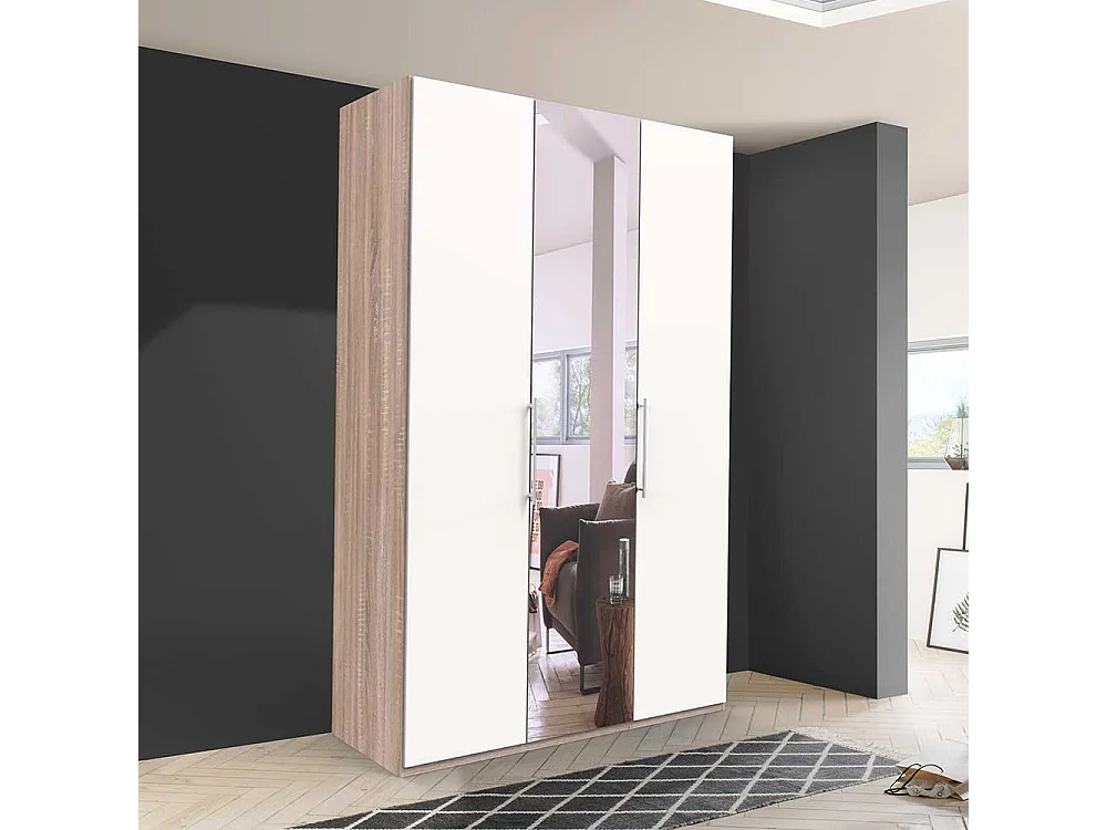 2 türiger Spiegel Kleiderschrank in Weiß Eiche und Sägerau foliert