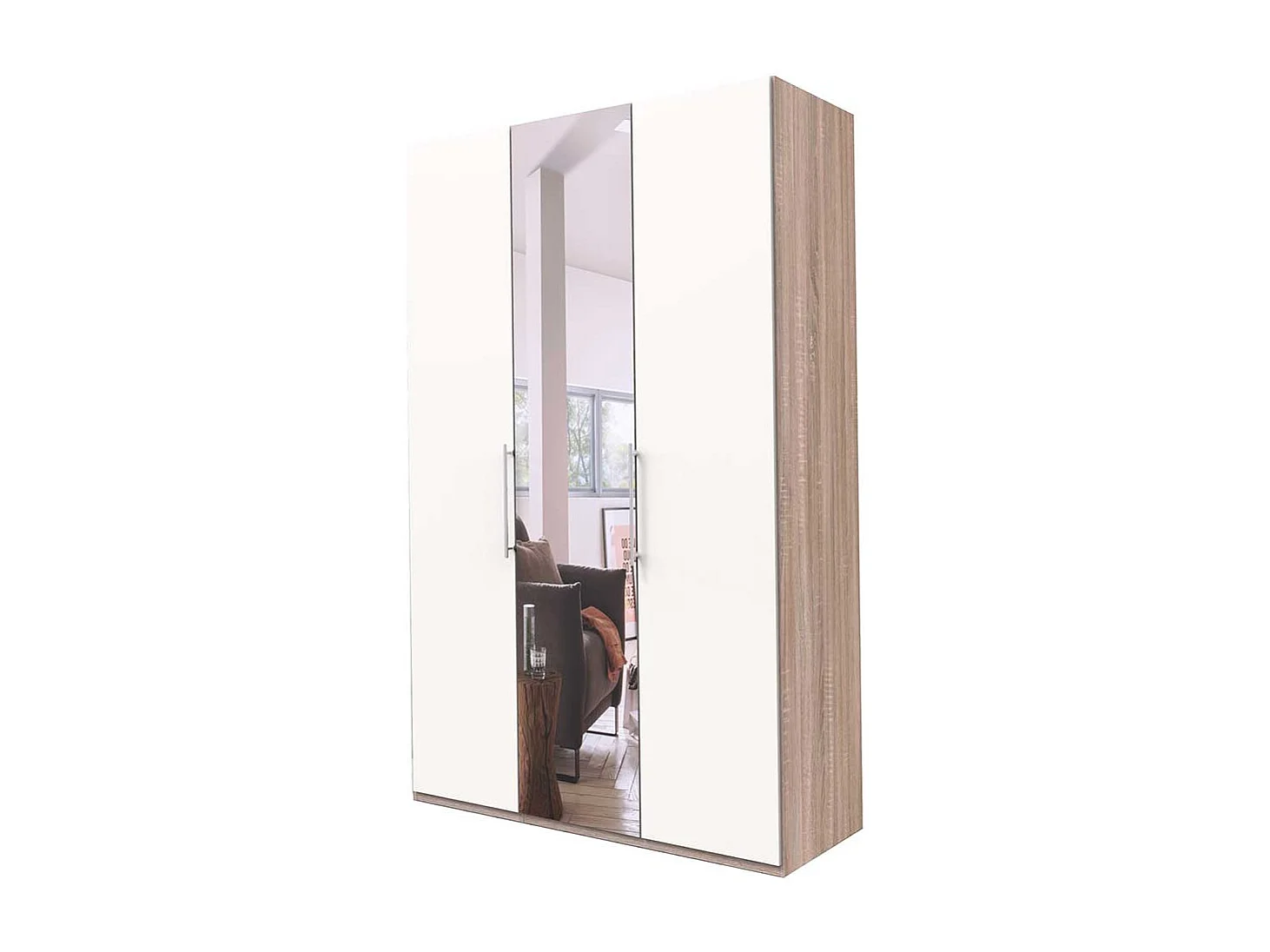 2 türiger Spiegel Kleiderschrank in Weiß Eiche und Sägerau foliert