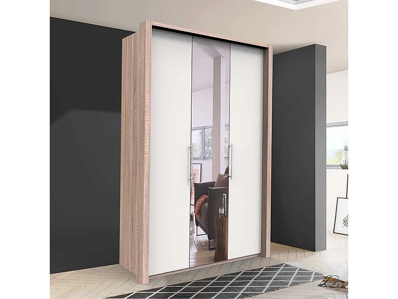 2 türiger Spiegel Kleiderschrank in Weiß Eiche und Sägerau foliert