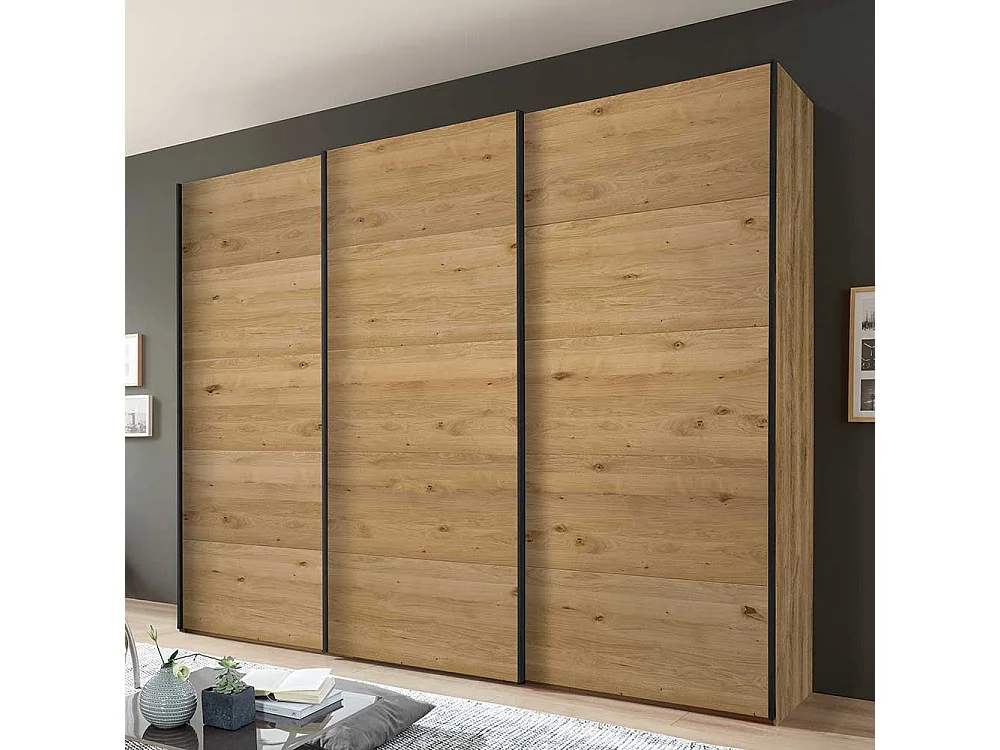 Gleittürenschrank in Wildeiche Bianco und Dunkelgrau 300 cm breit