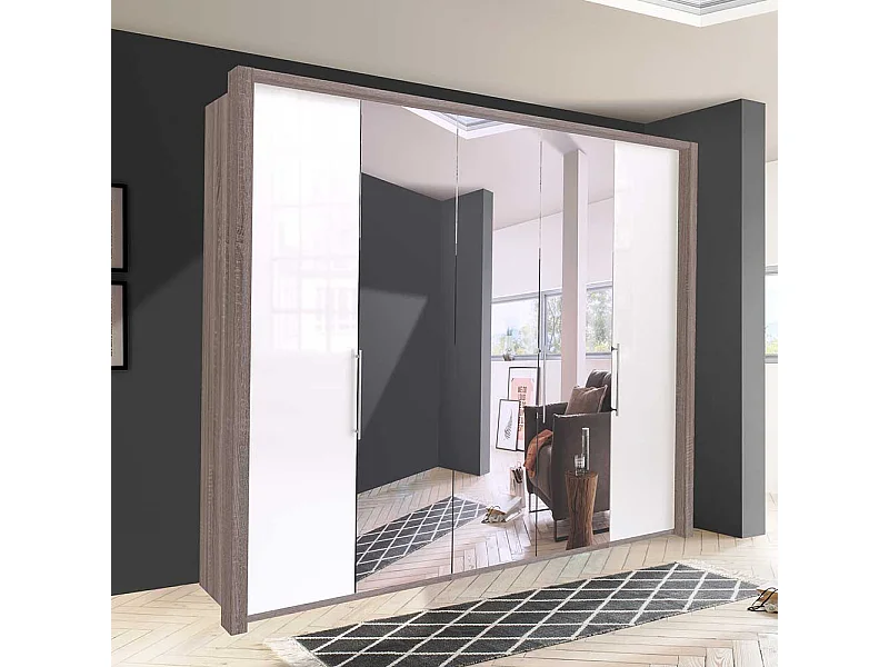 Schlafzimmerschrank in Weiß und Eiche Trüffelfarben Spiegel