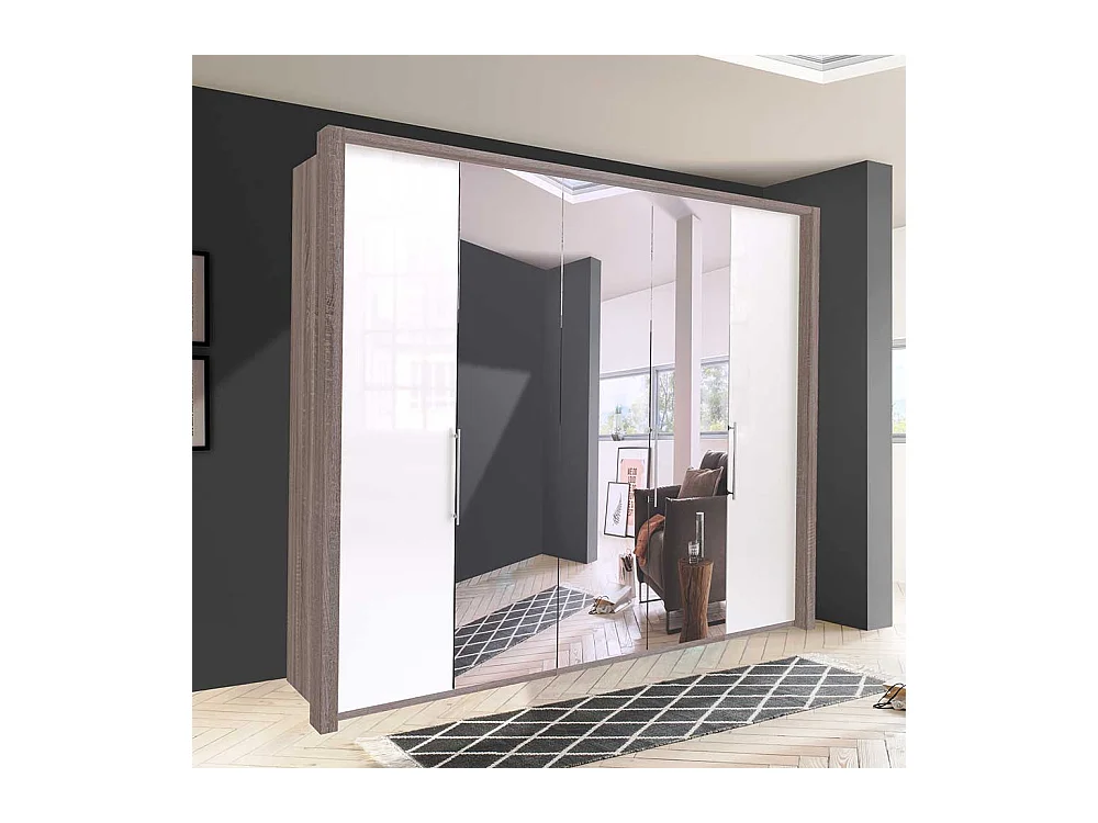 Schlafzimmerschrank in Weiß und Eiche Trüffelfarben Spiegel