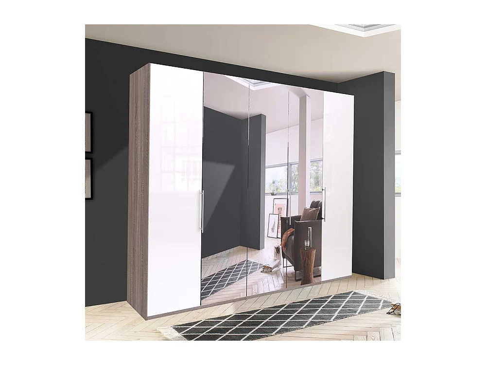 Schlafzimmerschrank in Weiß und Eiche Trüffelfarben Spiegel