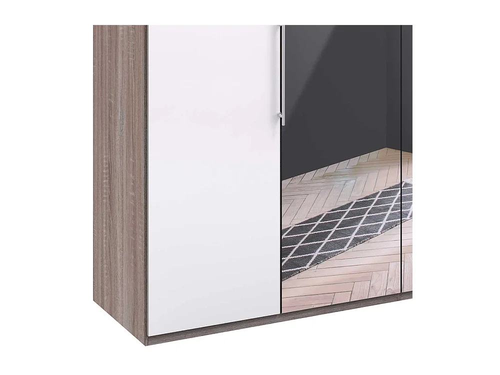 Schlafzimmerschrank in Weiß und Eiche Trüffelfarben Spiegel