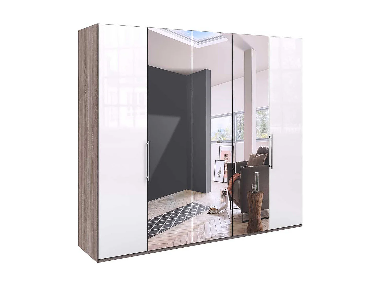 Schlafzimmerschrank in Weiß und Eiche Trüffelfarben Spiegel