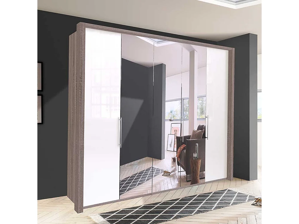 Schlafzimmerschrank in Weiß und Eiche Trüffelfarben Spiegel