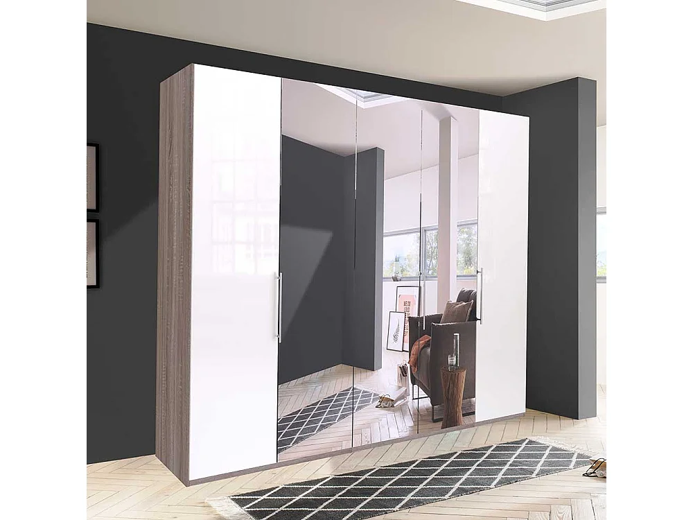 Schlafzimmerschrank in Weiß und Eiche Trüffelfarben Spiegel