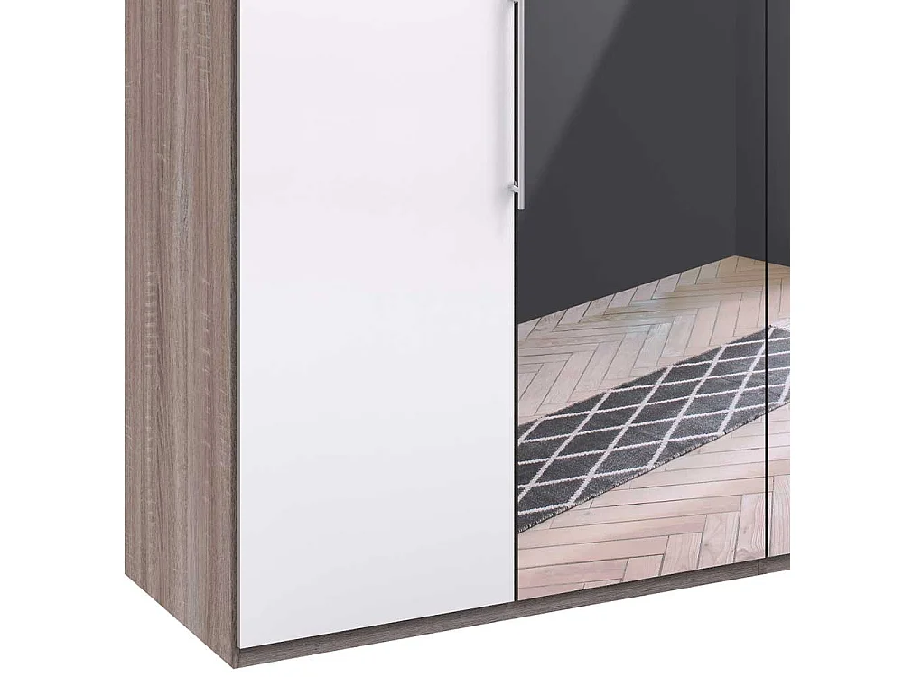 Schlafzimmerschrank in Weiß und Eiche Trüffelfarben Spiegel