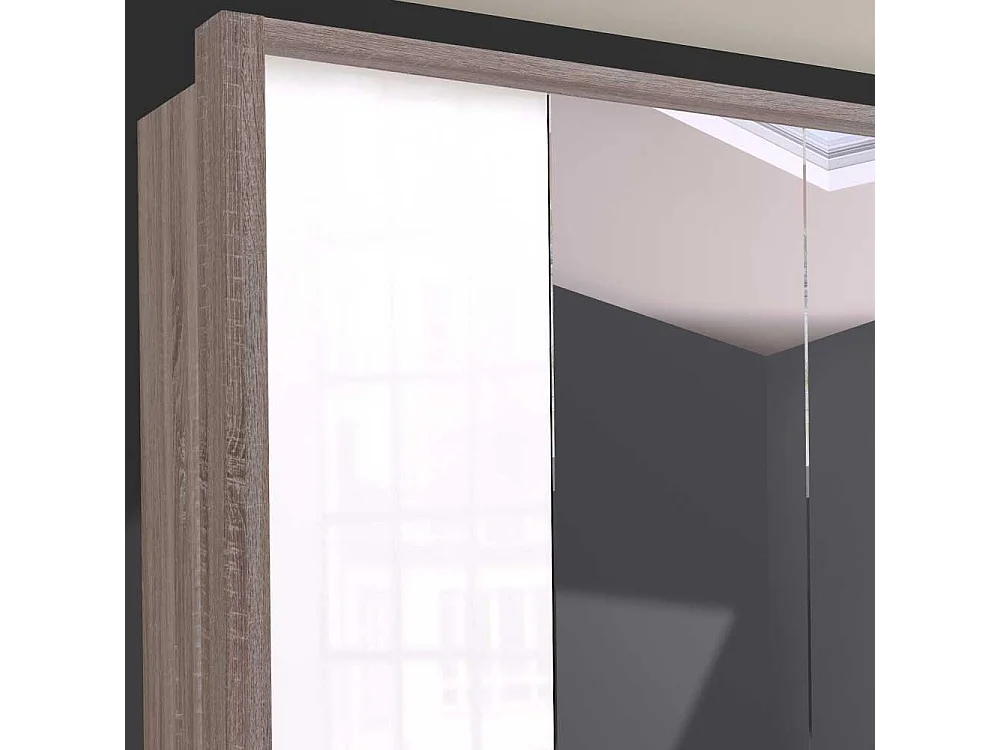 Schlafzimmerschrank in Weiß und Eiche Trüffelfarben Spiegel