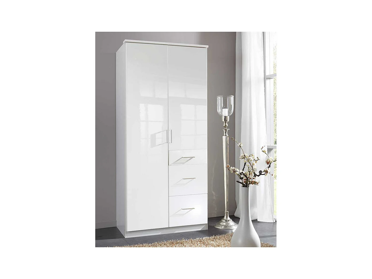 Jugend Kleiderschrank Weiß Hochglanz Front drei Schubladen