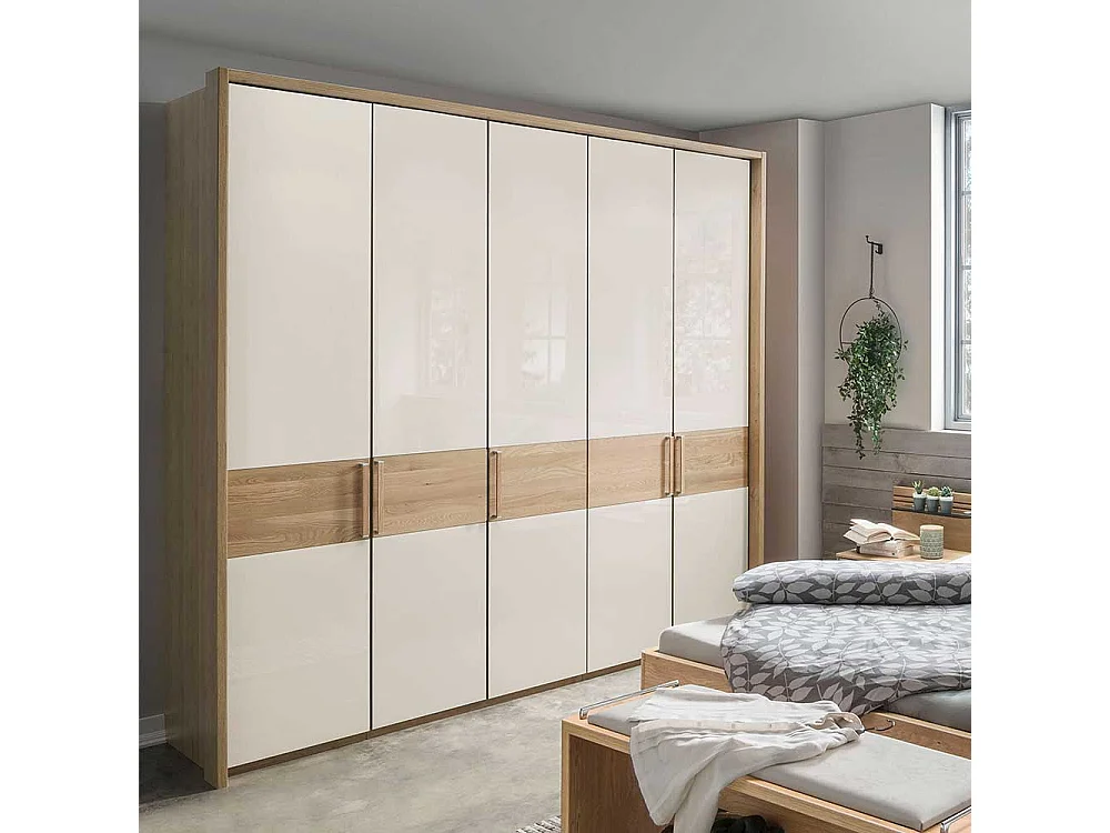 Schlafzimmerschrank in Beige Glas beschichtet Eiche