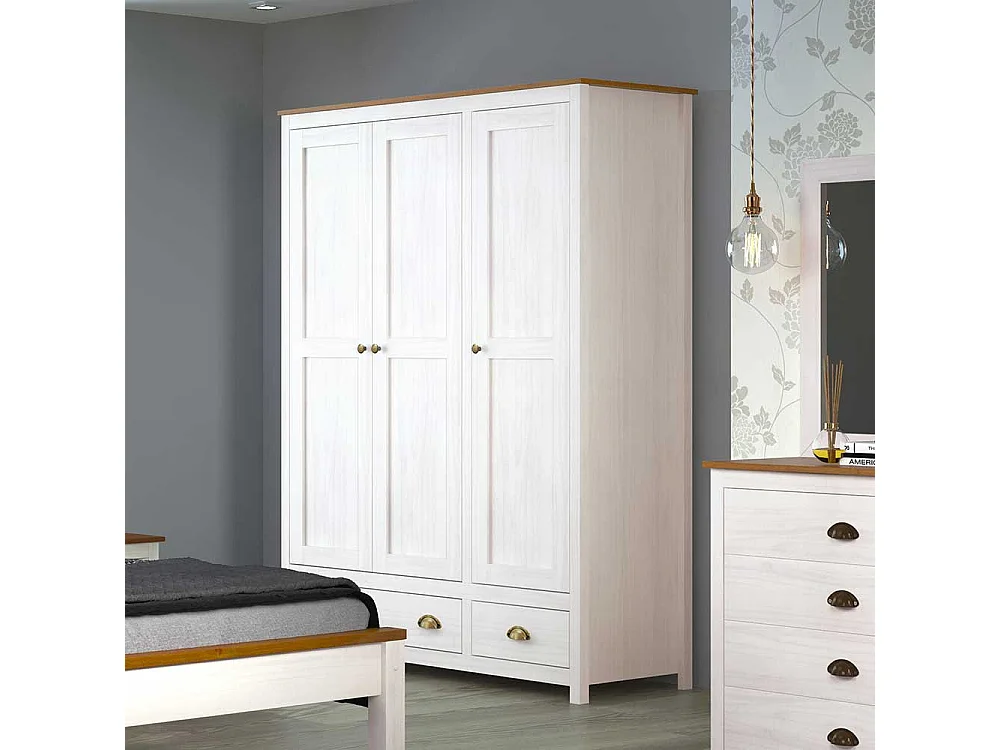 Kleiderschrank Kiefer Weiß Landhaus mit zwei Schubladen 185 cm hoch