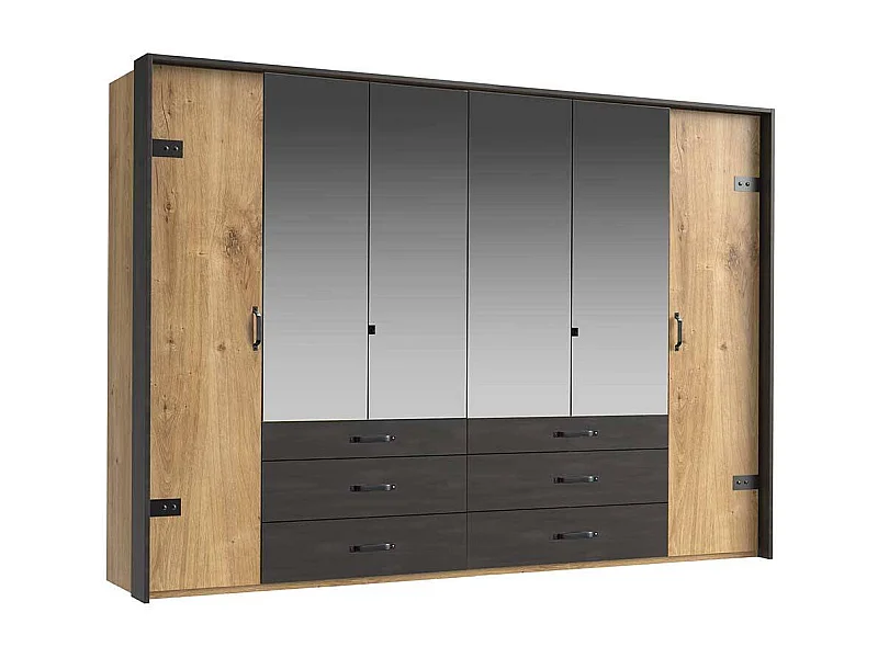 Kleiderschrank mit Spiegeln in Plankeneiche Holzoptik Schwarzgrau