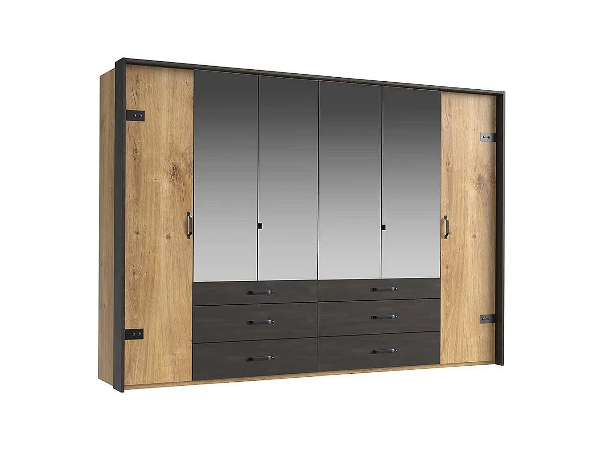Kleiderschrank mit Spiegeln in Plankeneiche Holzoptik Schwarzgrau
