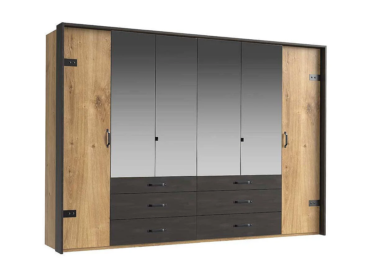 Kleiderschrank mit Spiegeln in Plankeneiche Holzoptik Schwarzgrau