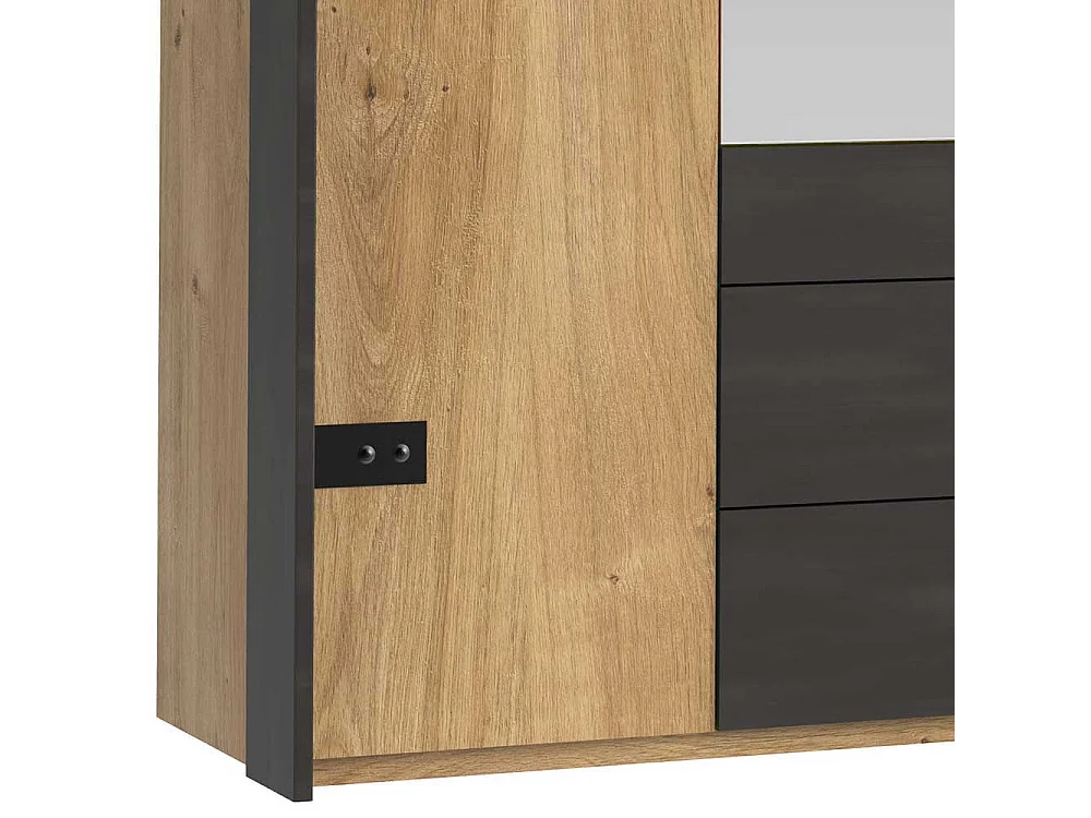 Kleiderschrank mit Spiegeln in Plankeneiche Holzoptik Schwarzgrau