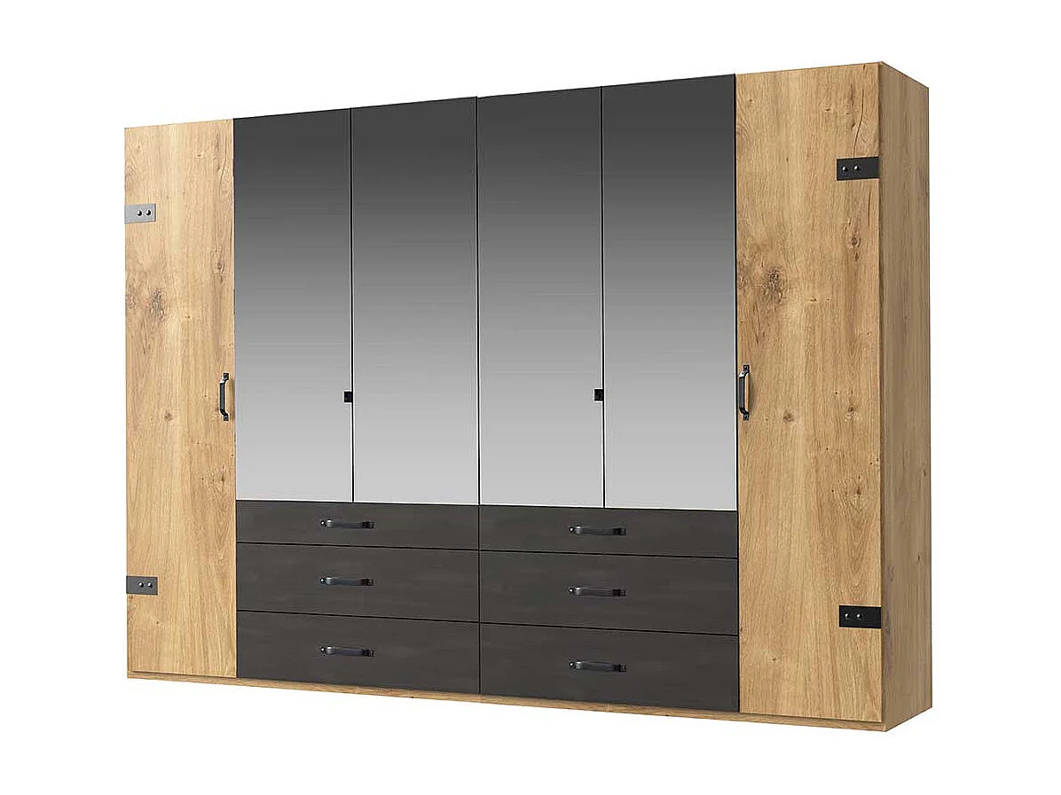 Kleiderschrank mit Spiegeln in Plankeneiche Holzoptik Schwarzgrau