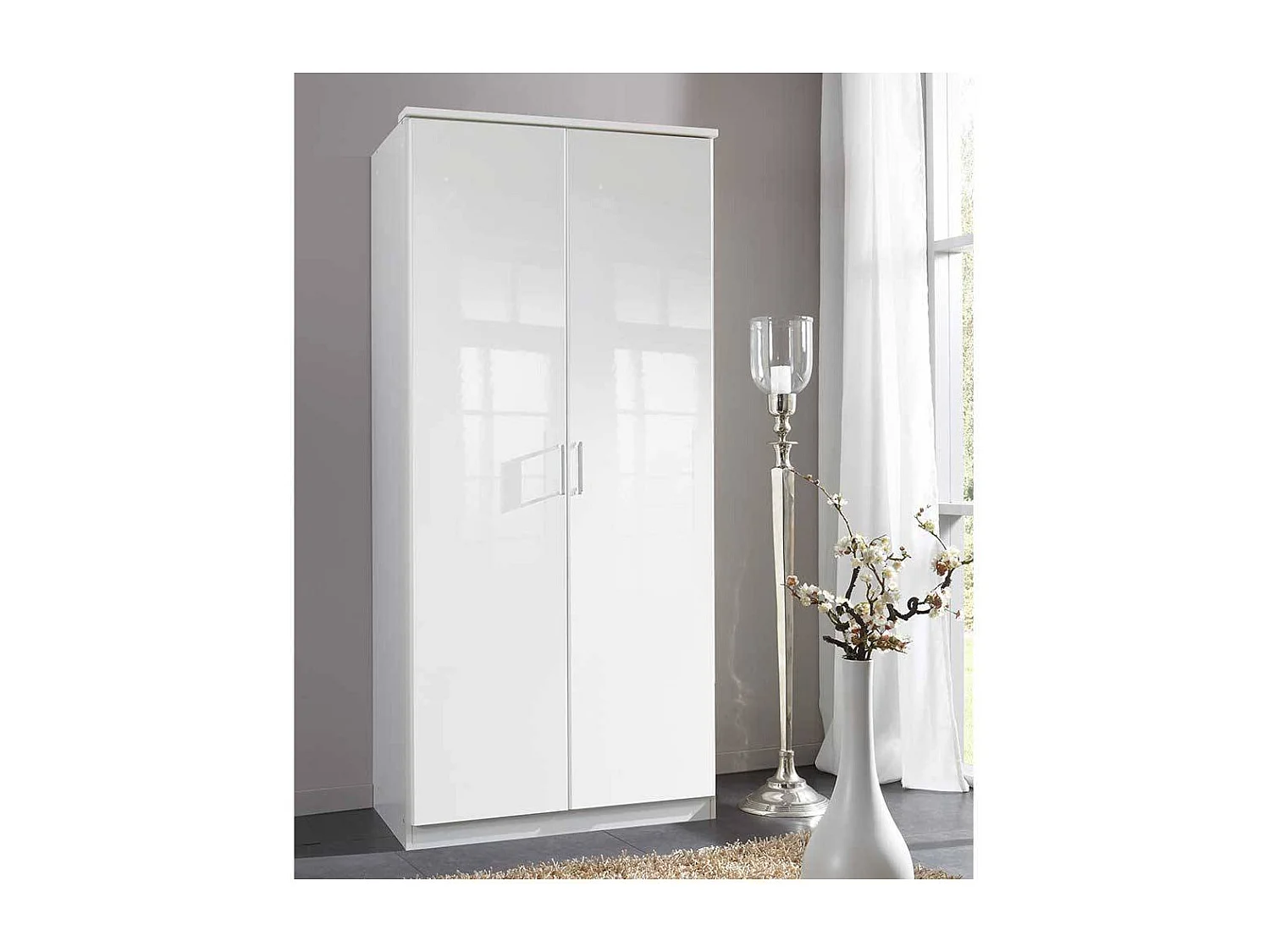 Hochglanzfront Kleiderschrank in Weiß zwei Drehtüren