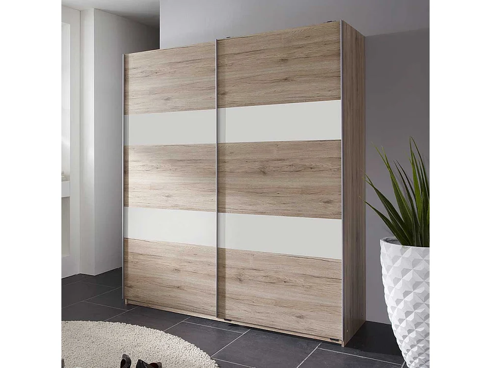Schwebetürenschrank modern in Eiche San Remo und Weiß Made in Germany