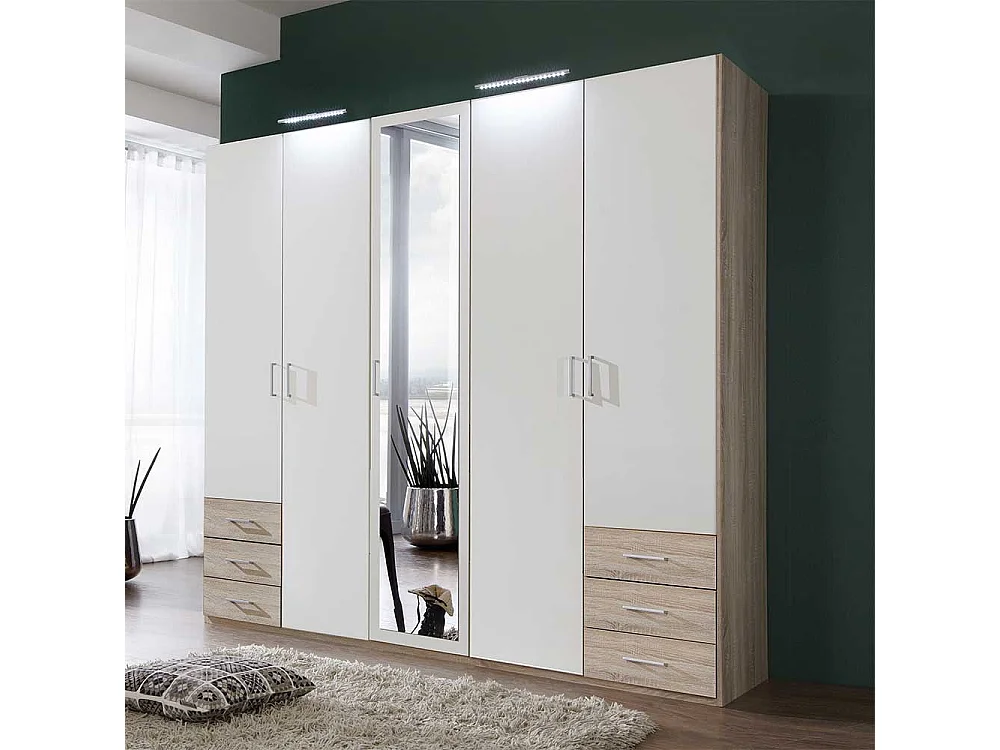 Drehtürenschrank Schlafzimmer in Weiß Eiche Sägerau Holzoptik