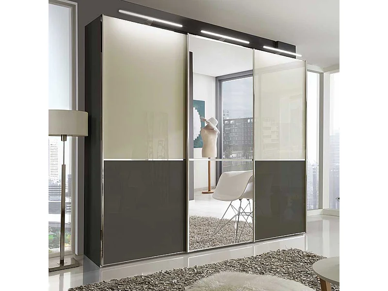 Schiebetüren Kleiderschrank in Creme Weiß und Braun Spiegel