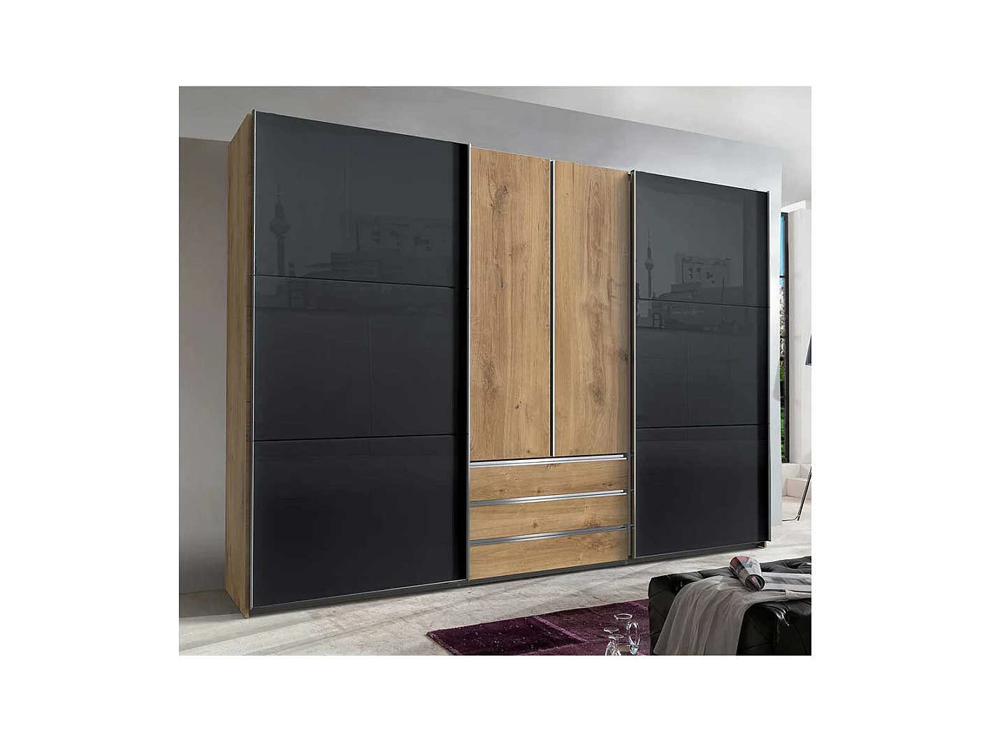 Kleiderschrank mit Glasfront in Dunkelgrau Plankeneiche Holzoptik