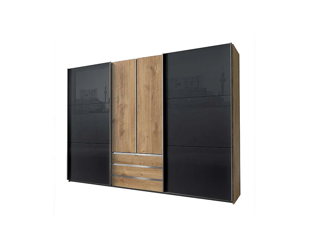 Kleiderschrank mit Glasfront in Dunkelgrau Plankeneiche Holzoptik