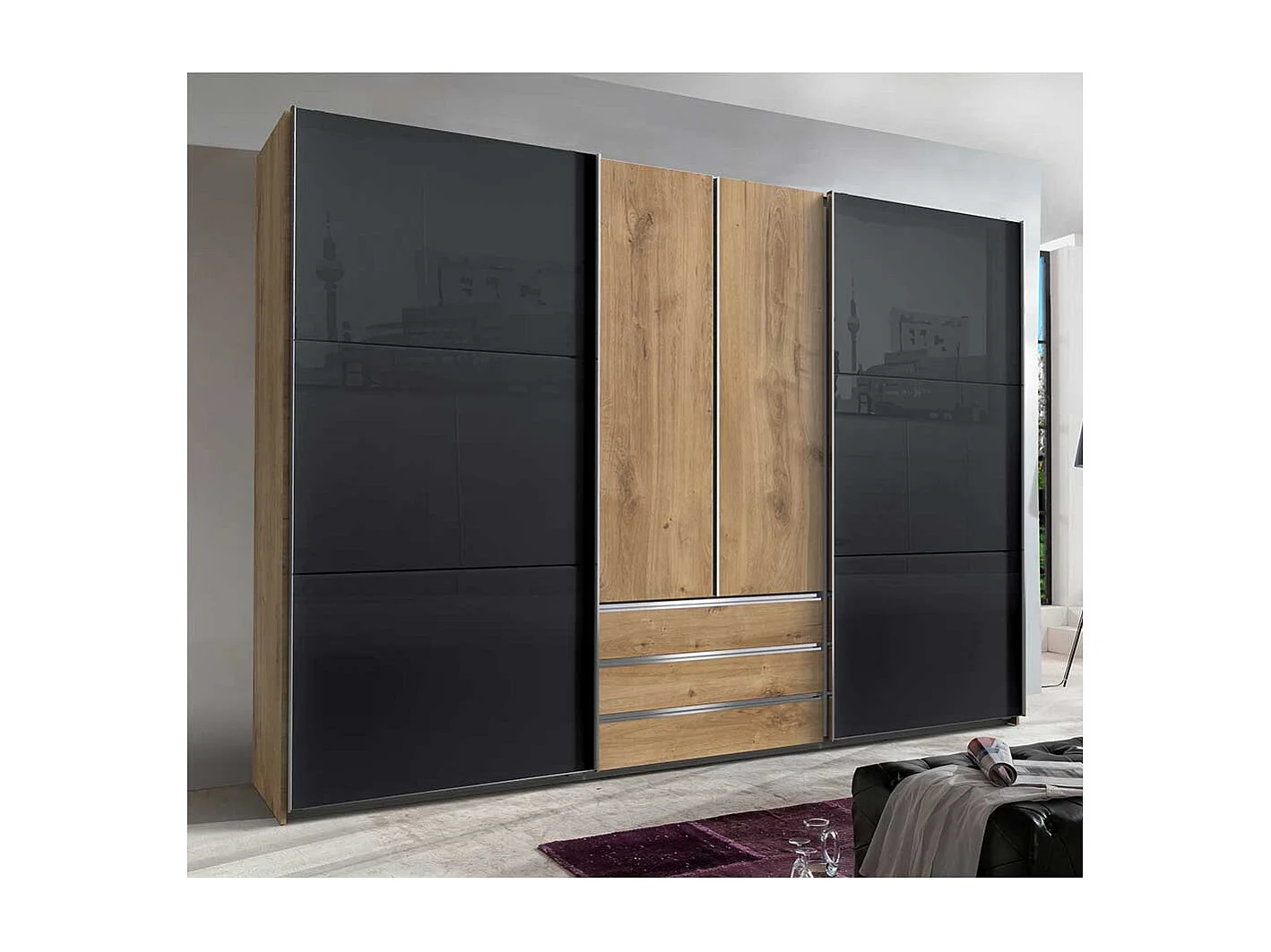 Kleiderschrank mit Glasfront in Dunkelgrau Plankeneiche Holzoptik