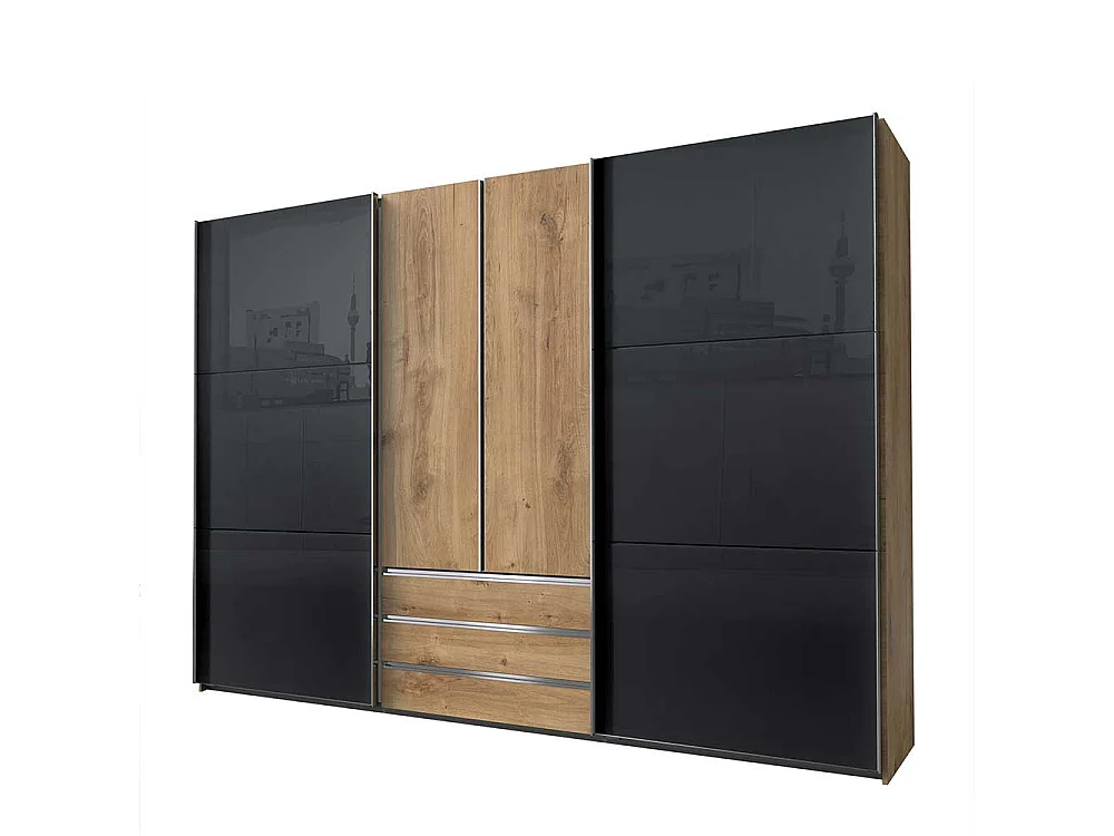 Kleiderschrank mit Glasfront in Dunkelgrau Plankeneiche Holzoptik