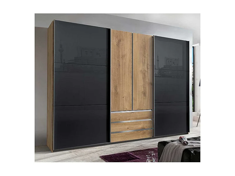 Kleiderschrank mit Glasfront in Dunkelgrau Plankeneiche Holzoptik