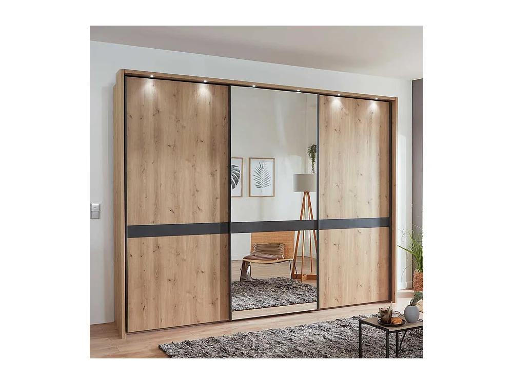 Schlafzimmerschrank in Eiche Bianco und Anthrazit Schwebetüren