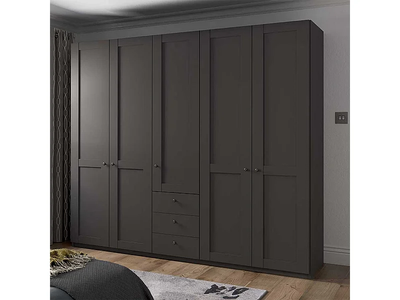 Grosser Kleiderschrank 5 Türen mit drei Schubladen Dunkelgrau