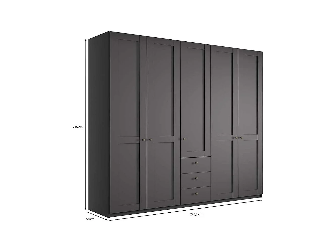 Grosser Kleiderschrank 5 Türen mit drei Schubladen Dunkelgrau