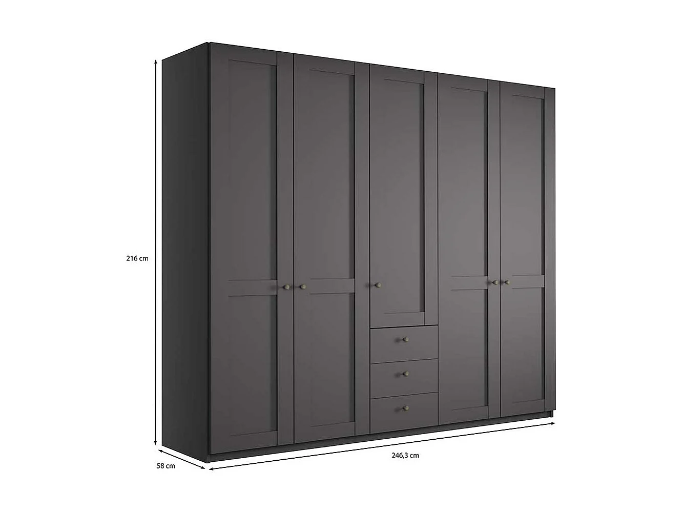 Grosser Kleiderschrank 5 Türen mit drei Schubladen Dunkelgrau