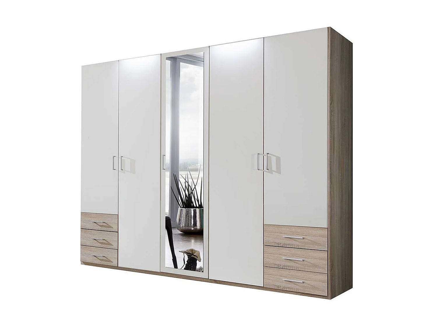 Drehtürenschrank Schlafzimmer in Weiß Eiche Sägerau Holzoptik