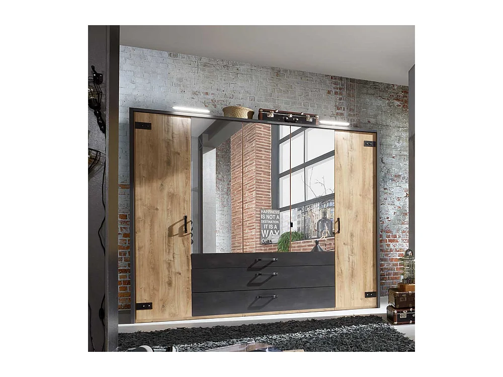 Kleiderschrank 5-türig modern im Industry und Loft Stil drei Schubladen