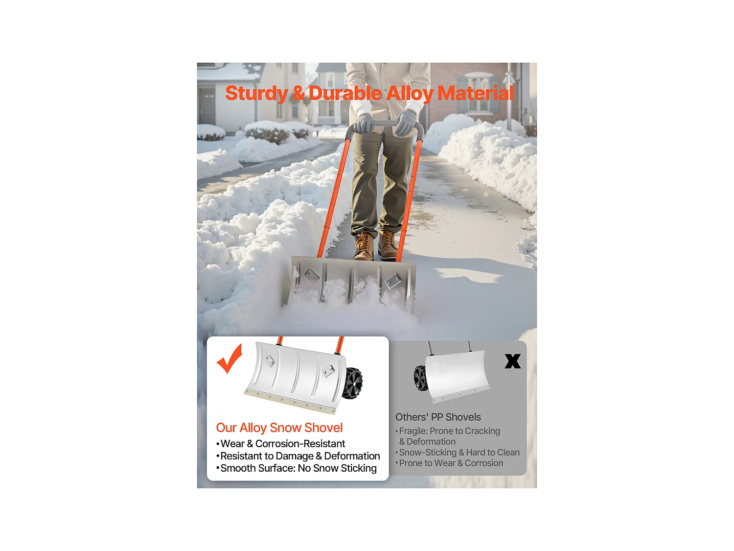 Schneeschaufel SucceBuy auf Rädern, 61 cm, Schneeschieber mit Bidirektionaler Klinge, Verstellbarer Griff 90°, Metallische Räumschaufel, für Reinigung