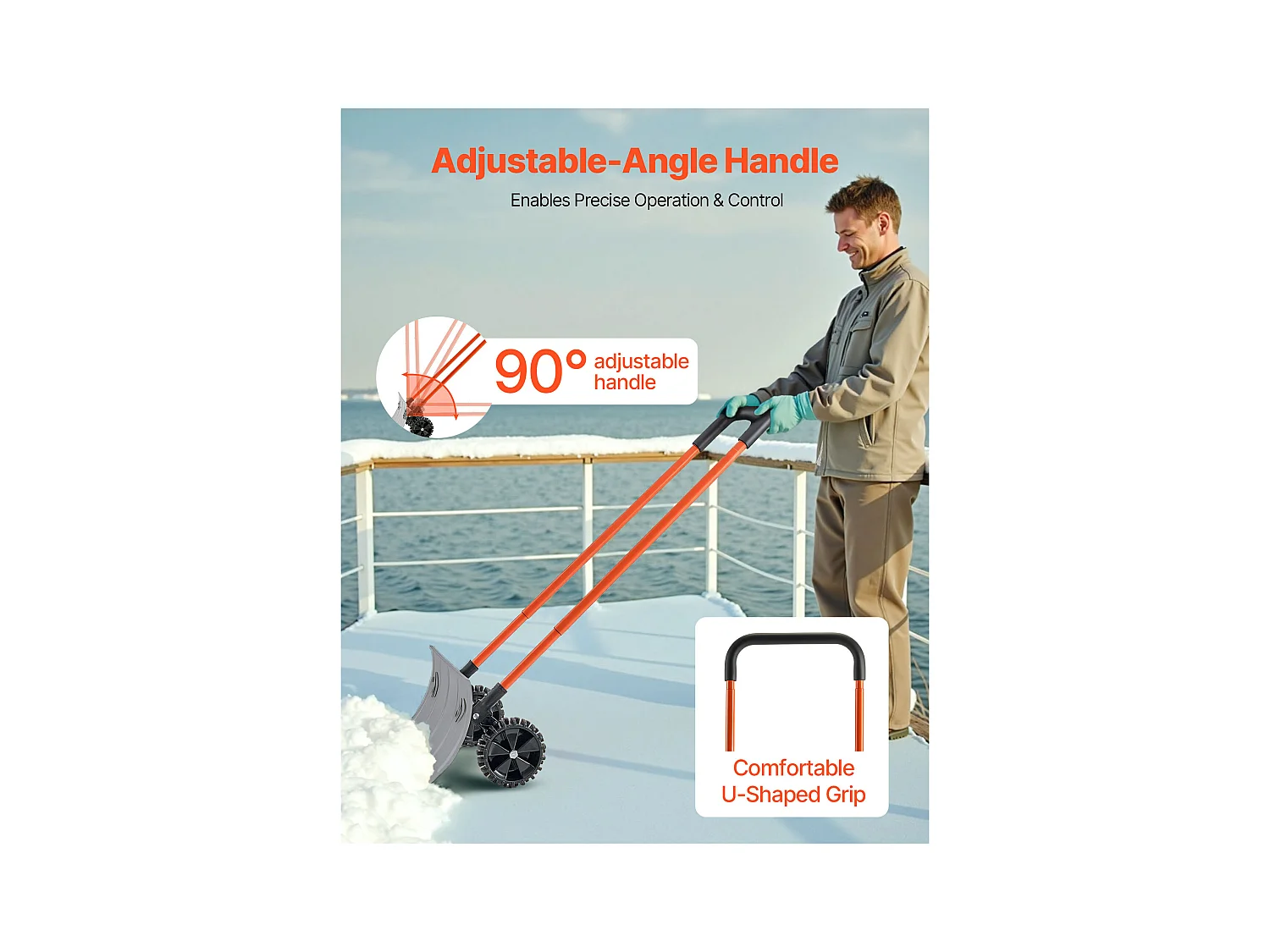 Schneeschaufel SucceBuy auf Rädern, 61 cm, Schneeschieber mit Bidirektionaler Klinge, Verstellbarer Griff 90°, Metallische Räumschaufel, für Reinigung