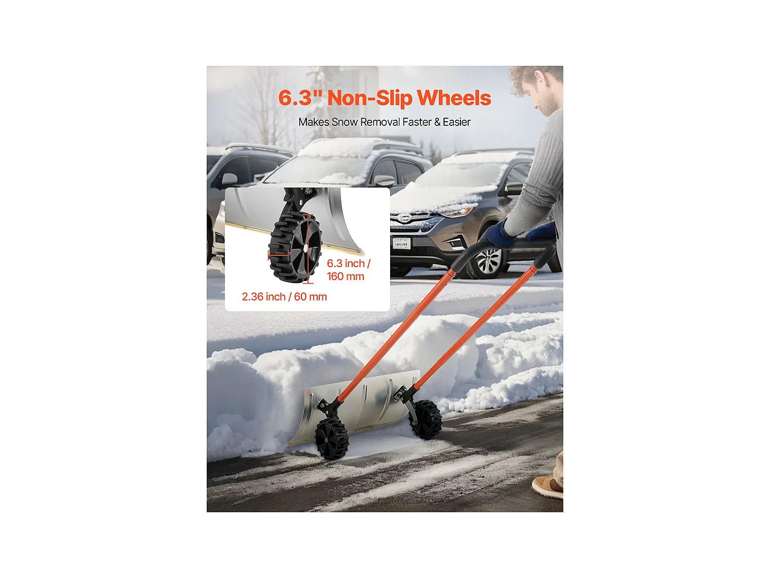 Schneeschaufel SucceBuy auf Rädern, 61 cm, Schneeschieber mit Bidirektionaler Klinge, Verstellbarer Griff 90°, Metallische Räumschaufel, für Reinigung