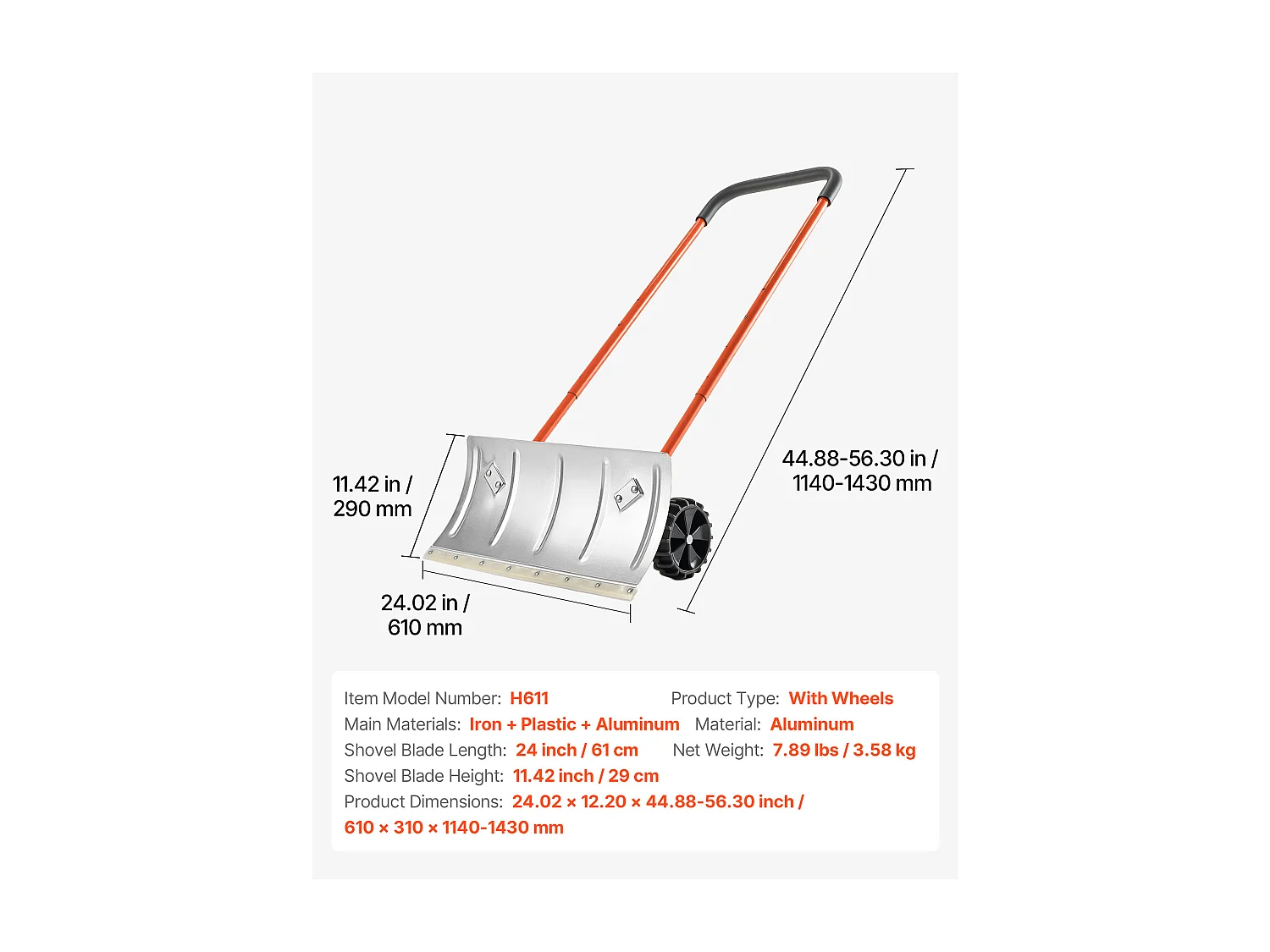 Pá de Neve SucceBuy sobre Rodas, 61 cm, Empurrador de Neve com Lâmina Bidirecional, Cabo Ajustável 90°, Pá de Remoção de Neve Metálica, para Limpeza