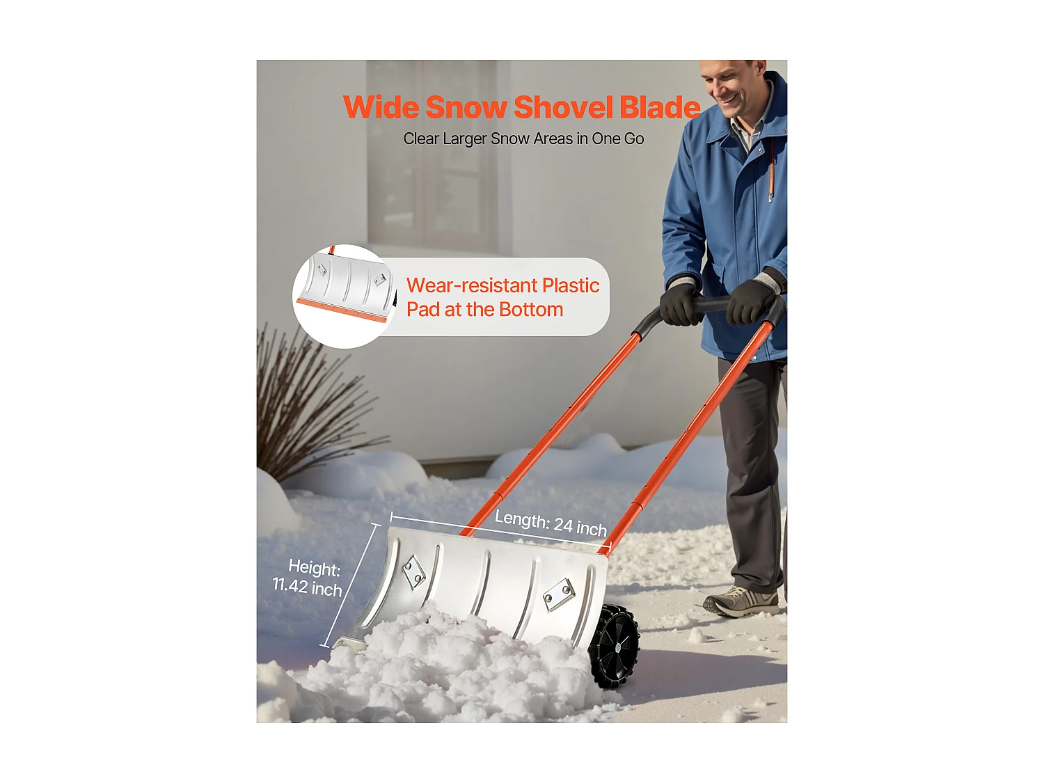 Pá de Neve SucceBuy sobre Rodas, 61 cm, Empurrador de Neve com Lâmina Bidirecional, Cabo Ajustável 90°, Pá de Remoção de Neve Metálica, para Limpeza