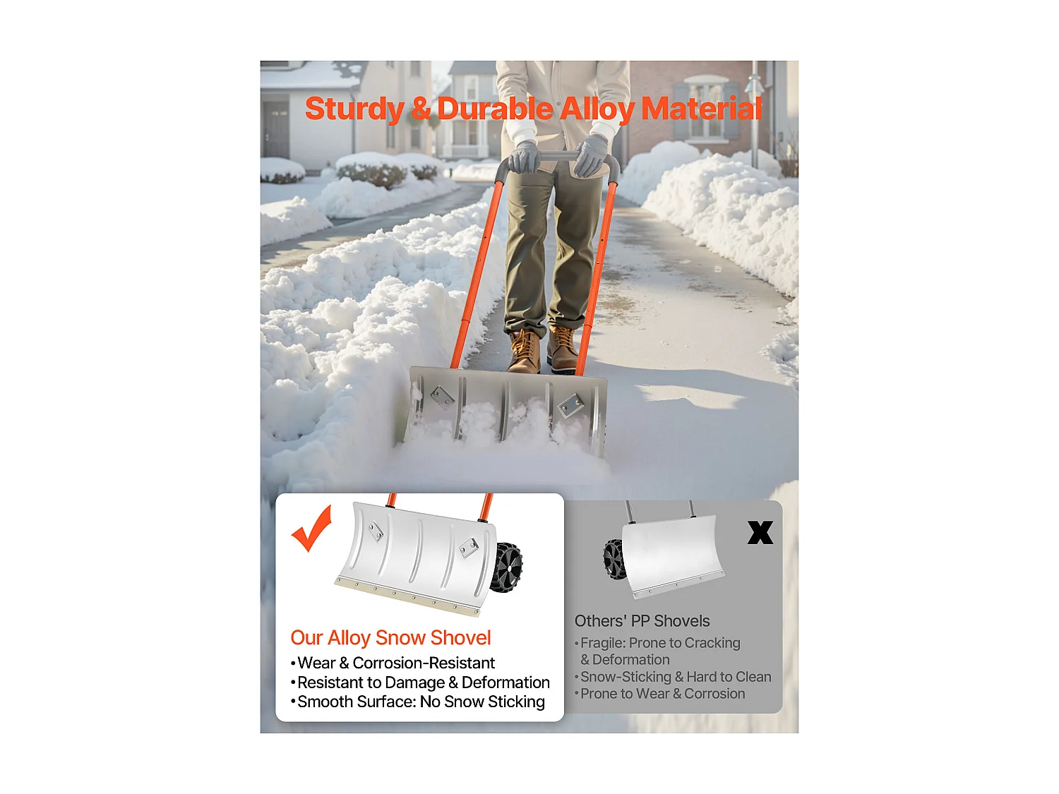 Pá de Neve SucceBuy sobre Rodas, 61 cm, Empurrador de Neve com Lâmina Bidirecional, Cabo Ajustável 90°, Pá de Remoção de Neve Metálica, para Limpeza