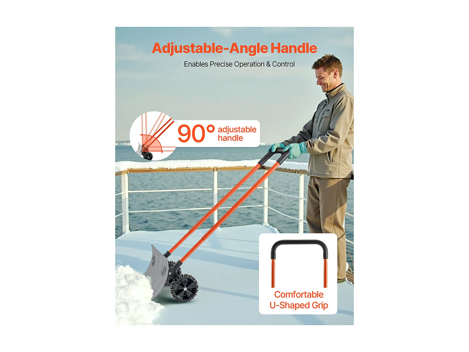 Pá de Neve SucceBuy sobre Rodas, 61 cm, Empurrador de Neve com Lâmina Bidirecional, Cabo Ajustável 90°, Pá de Remoção de Neve Metálica, para Limpeza