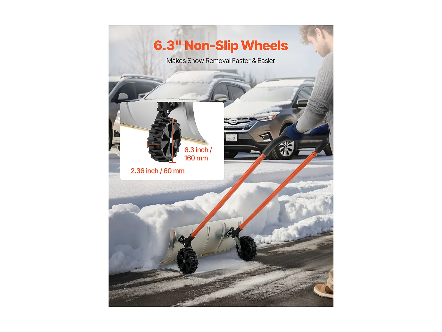Pá de Neve SucceBuy sobre Rodas, 61 cm, Empurrador de Neve com Lâmina Bidirecional, Cabo Ajustável 90°, Pá de Remoção de Neve Metálica, para Limpeza