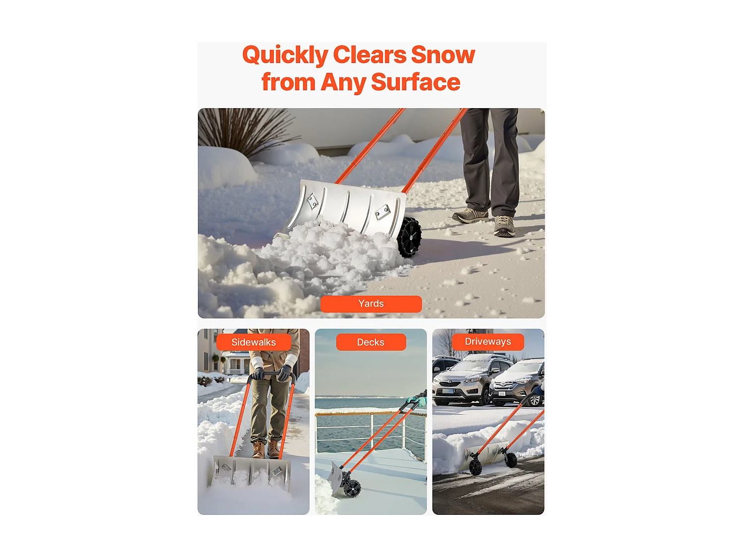 Pá de Neve SucceBuy sobre Rodas, 61 cm, Empurrador de Neve com Lâmina Bidirecional, Cabo Ajustável 90°, Pá de Remoção de Neve Metálica, para Limpeza