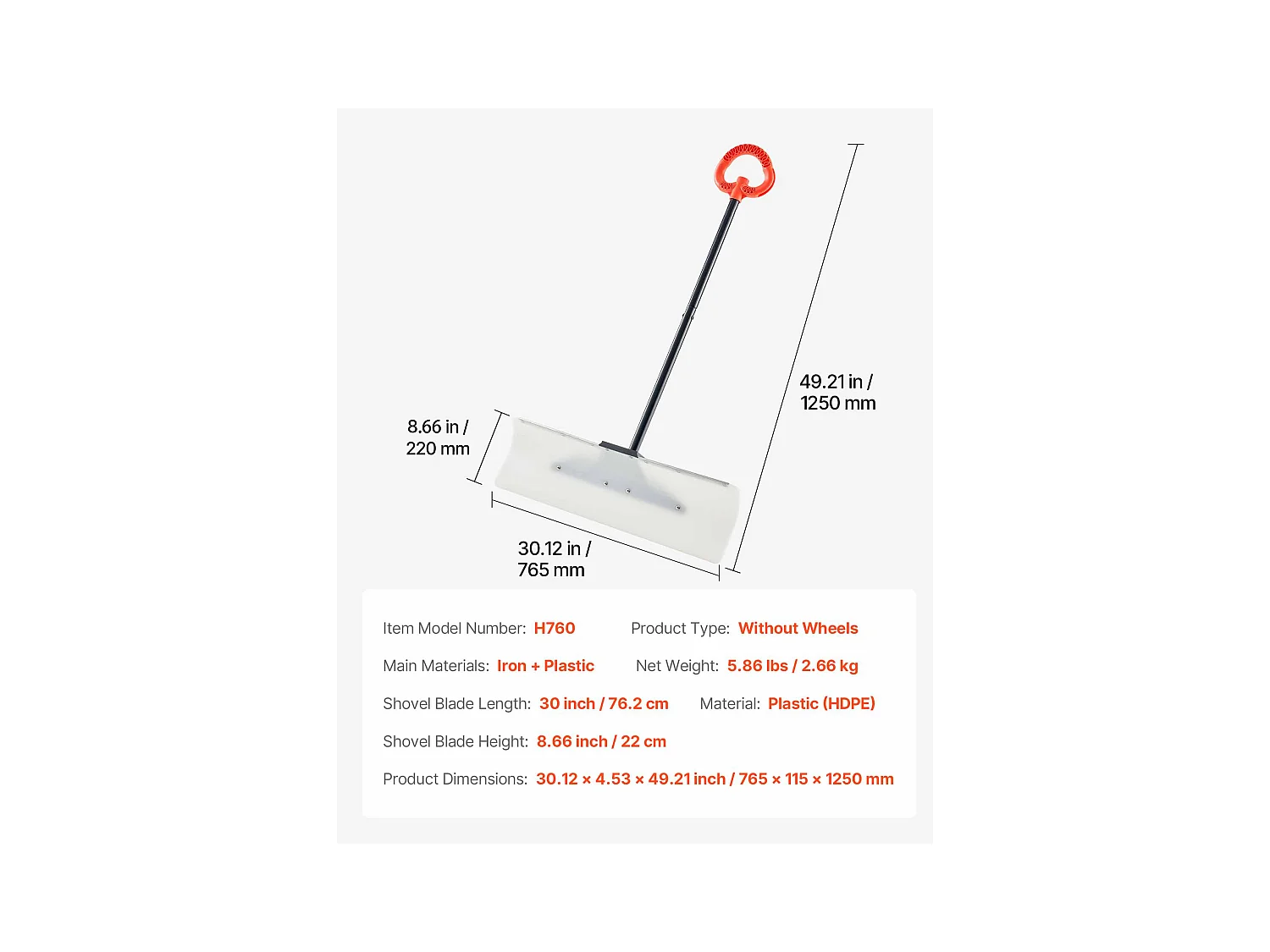 Sneeuwschuiver SucceBuy, 76,2 cm, Sneeuwschuiver met Ergonomisch Handvat, Lemmet van PEHD Kunststof, Sneeuwruimer met Gesegmenteerd Handvat, Sneeuwschuiver