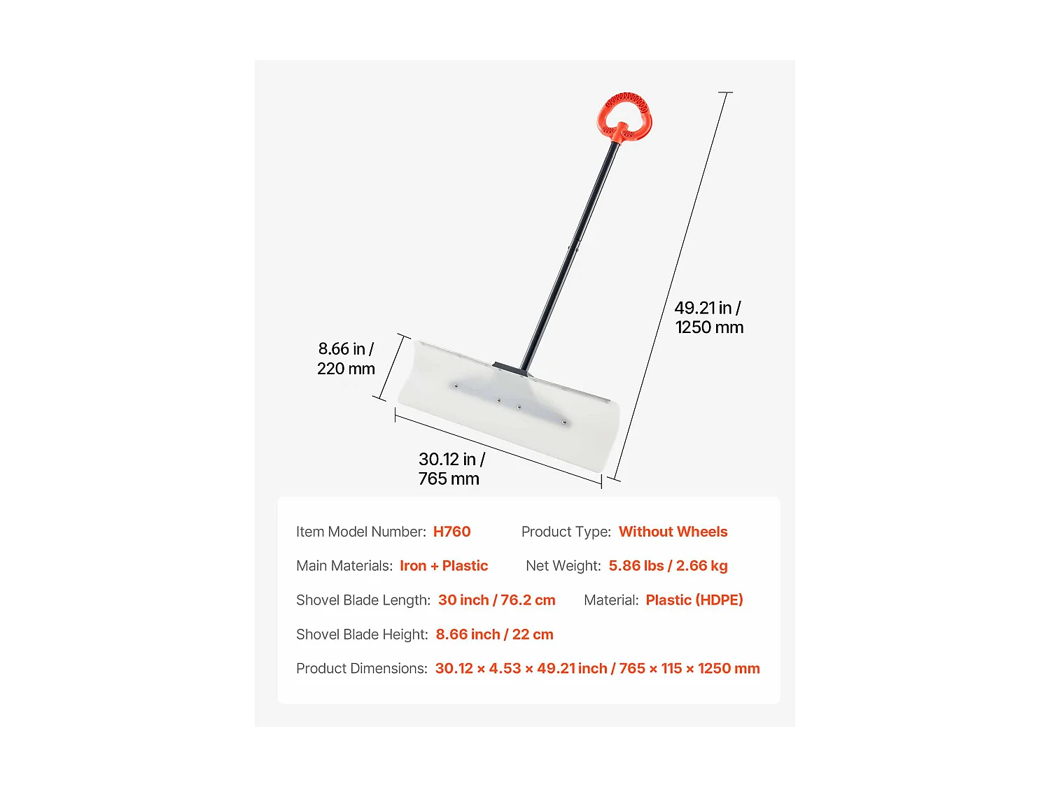 Pelle à Neige SucceBuy, 76,2 cm, Poussoir à Neige avec Poignée Ergonomique, Lame en Plastique PEHD, Pelle de Déneigement à Manche Segmenté, Pousse-neige