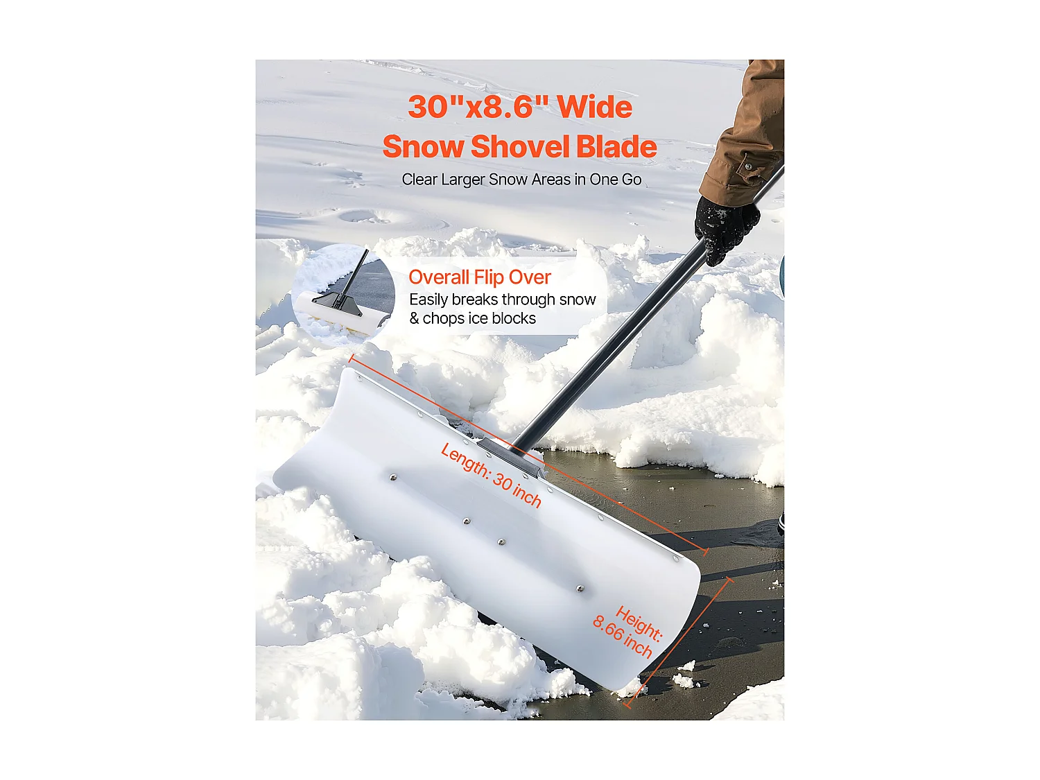 Pelle à Neige SucceBuy, 76,2 cm, Poussoir à Neige avec Poignée Ergonomique, Lame en Plastique PEHD, Pelle de Déneigement à Manche Segmenté, Pousse-neige