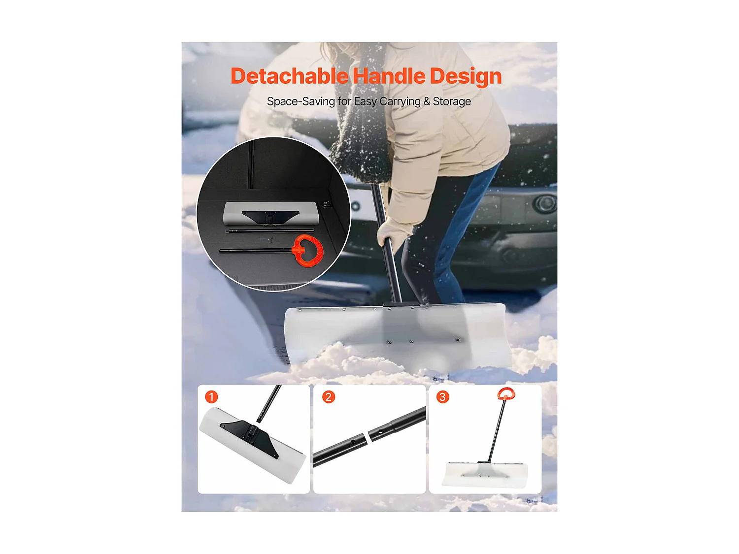 Pelle à Neige SucceBuy, 76,2 cm, Poussoir à Neige avec Poignée Ergonomique, Lame en Plastique PEHD, Pelle de Déneigement à Manche Segmenté, Pousse-neige