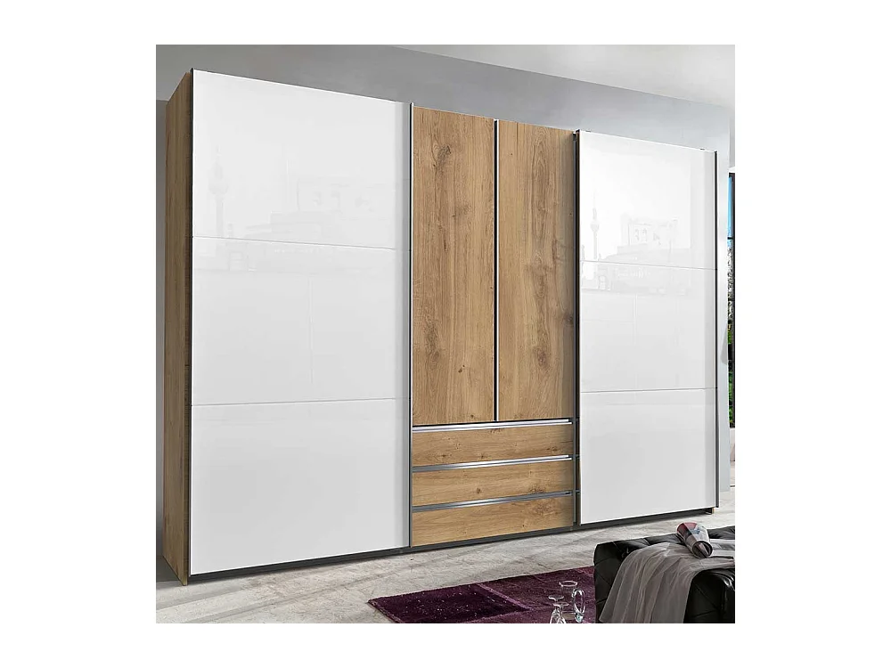 Schlafzimmerkleiderschrank zweifarbig mit Dreh- und Schiebetüren drei Schubladen